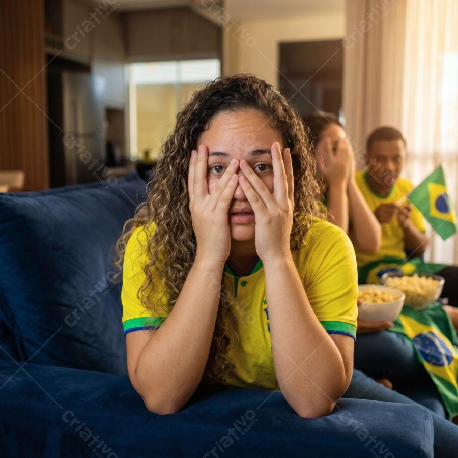 Foto Mulher Brasileira Torcendo Nervosa Jogo Futebol Copa