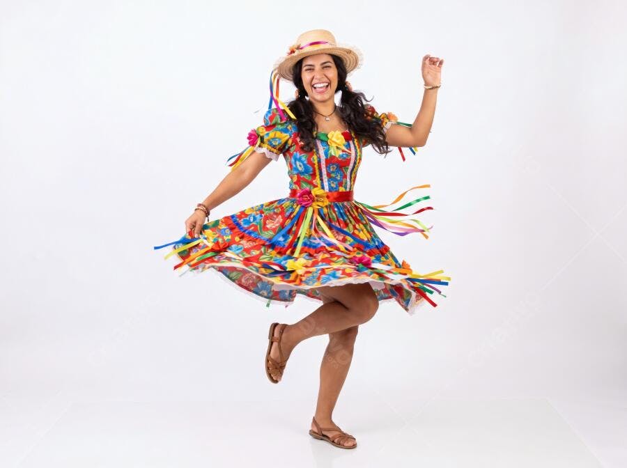 Foto Mulher Dançando Festa Junina Vestido Colorido Chapéu Palha