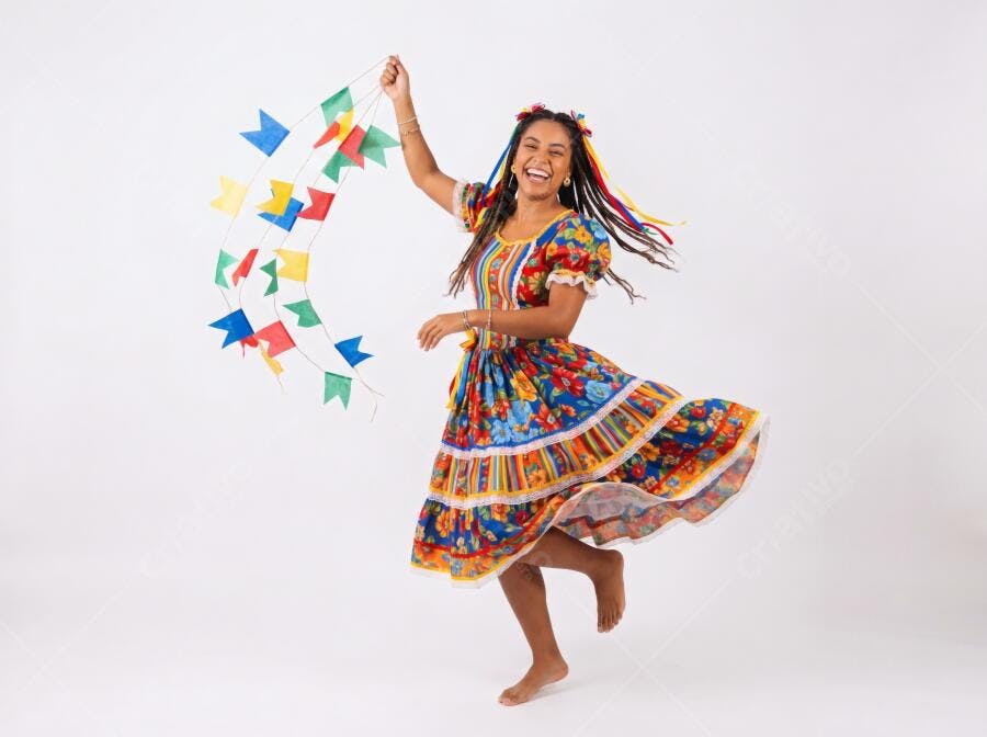 Foto Mulher Negra Feliz Dançando Festa Junina Bandeirinhas