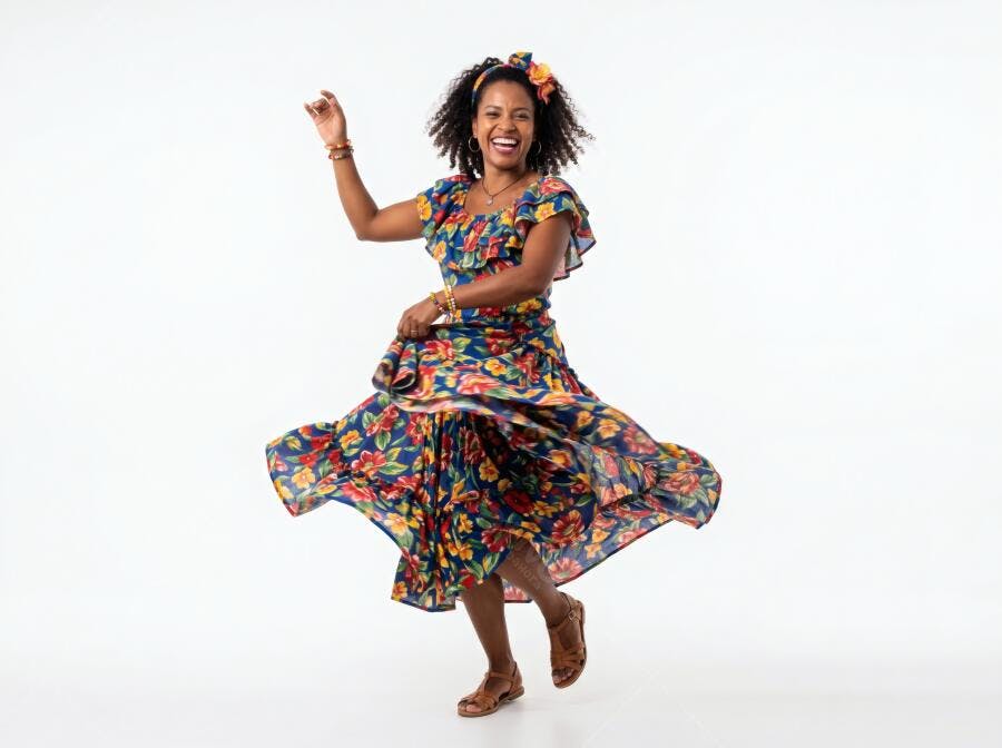 Foto Mulher Negra Sorrindo Dançando Vestido Floral Estúdio Branco