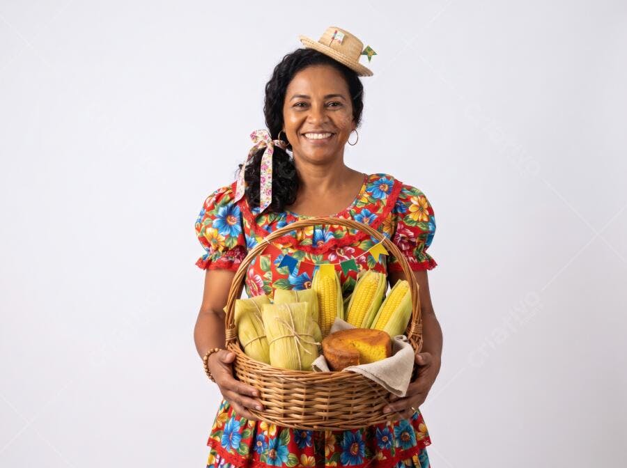 Foto Mulher Negra Sorrindo Roupa Caipira Cesta de Milho Festa Junina