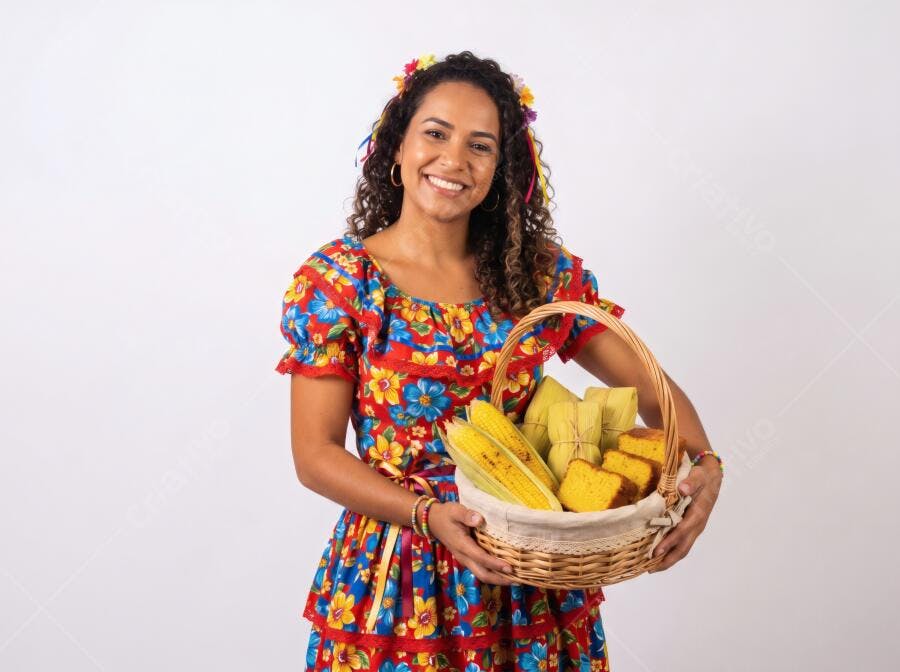 Foto Mulher Sorrindo Roupa Caipira Cesta de Comidas Típicas Festa Junina
