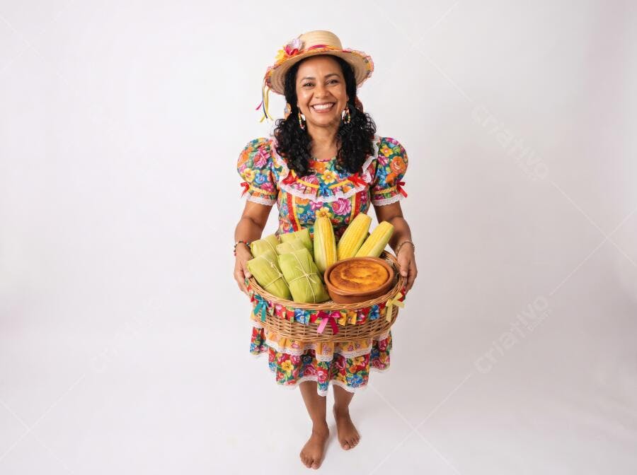 Foto Mulher Sorrindo Roupa Caipira Cesta Milho Festa Junina