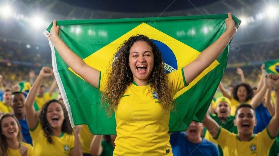 Foto Torcedora Brasileira Celebrando com Bandeira Estádio Lotado