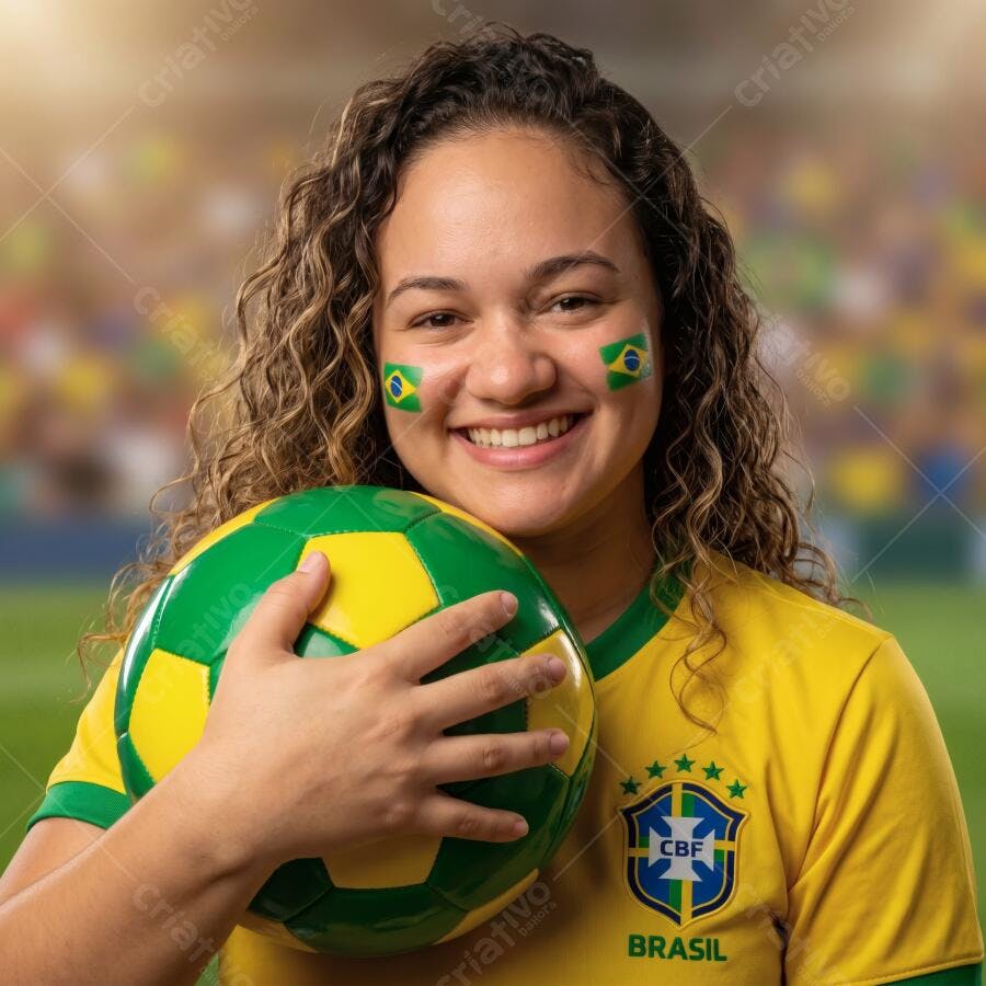 Foto Torcedora Brasileira Sorrindo Segurando Bola Futebol Estádio