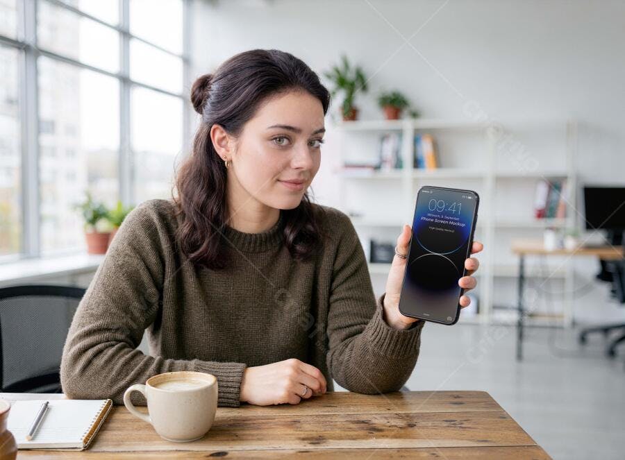 Mockup Celular Mãos Segurando Lifestyle Escritório Editável