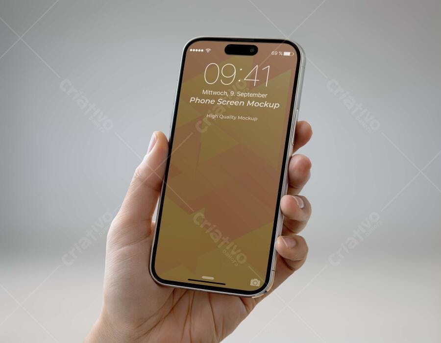 Mockup Celular Mãos Segurando Tela Fundo Cinza Editável
