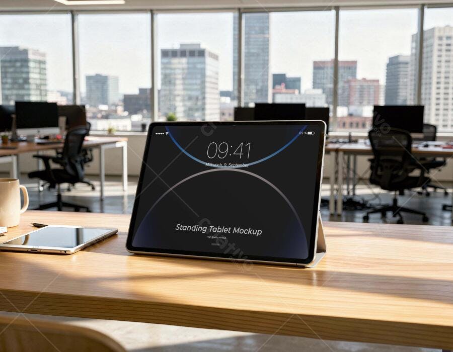 Mockup Tablet em Pé Mesa de Escritório Fundo Urbano Editável