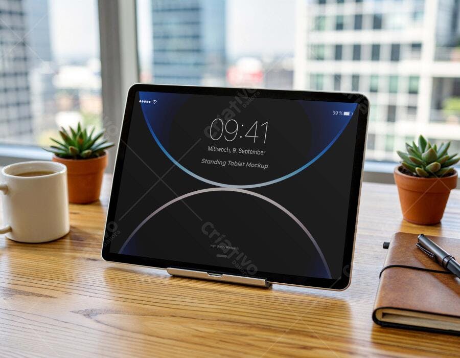 Mockup Tablet em Pé Mesa de Madeira Ambiente de Escritório Editável