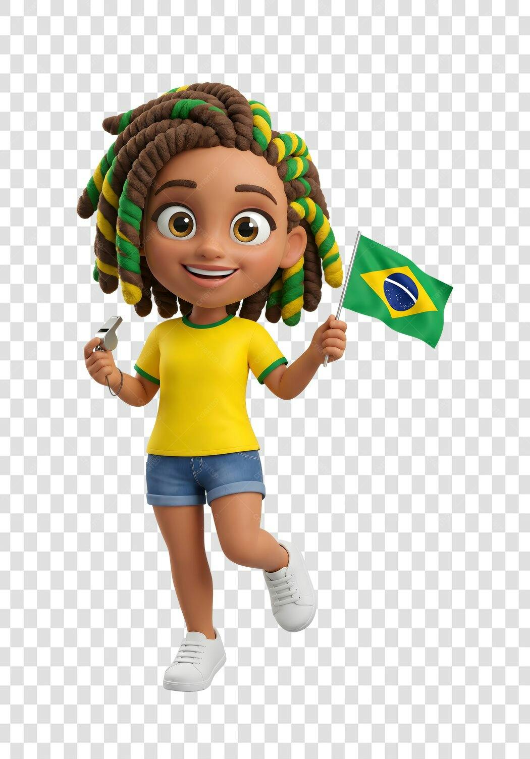 Personagem Ilustrado Menina Brasileira Bandeira Apito PNG Fundo Transparente