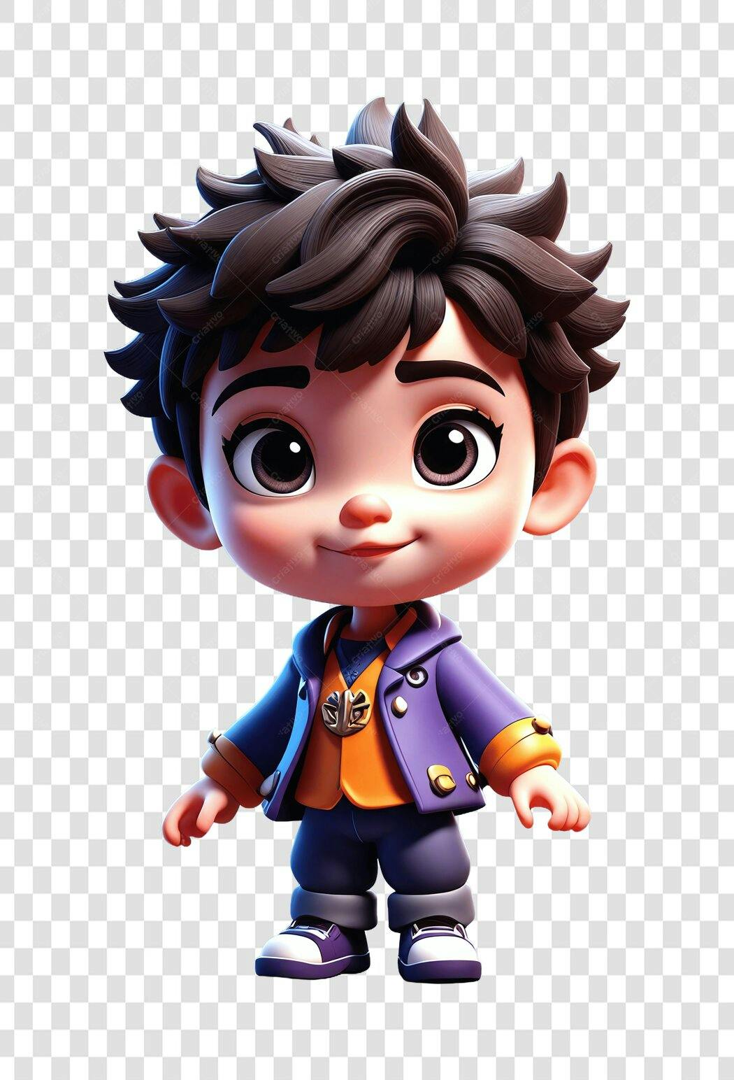 Personagem Ilustrado Menino Cabelo Cacheado Roxo Laranja PNG Fundo Transparente