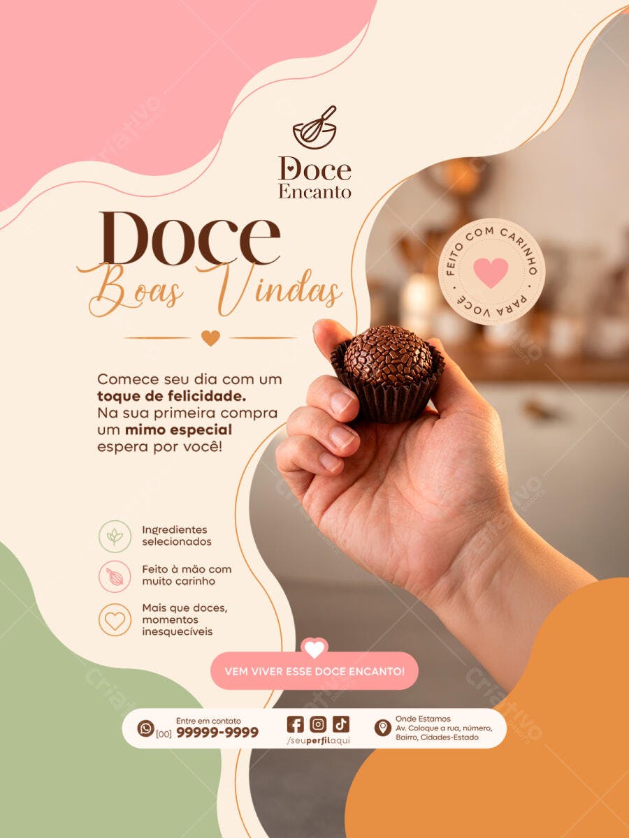 Post Instagram Boas Vindas Confeitaria Doceria PSD Editável