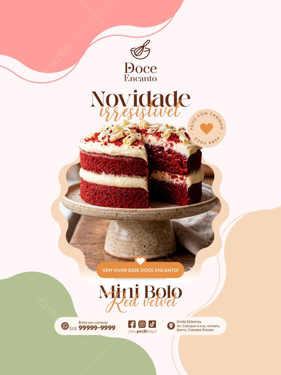 Post Instagram Mini Bolo Red Velvet Confeitaria PSD Editável