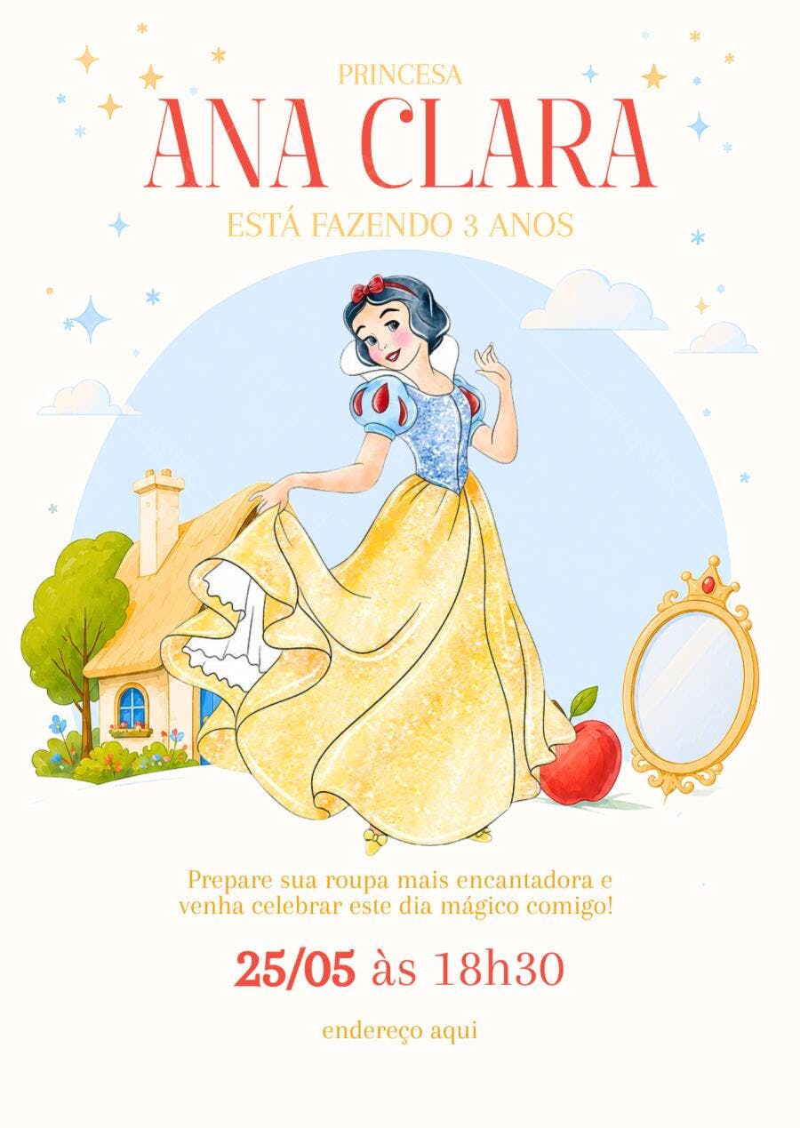 Convite Aniversário Branca de Neve 3 Anos Editável