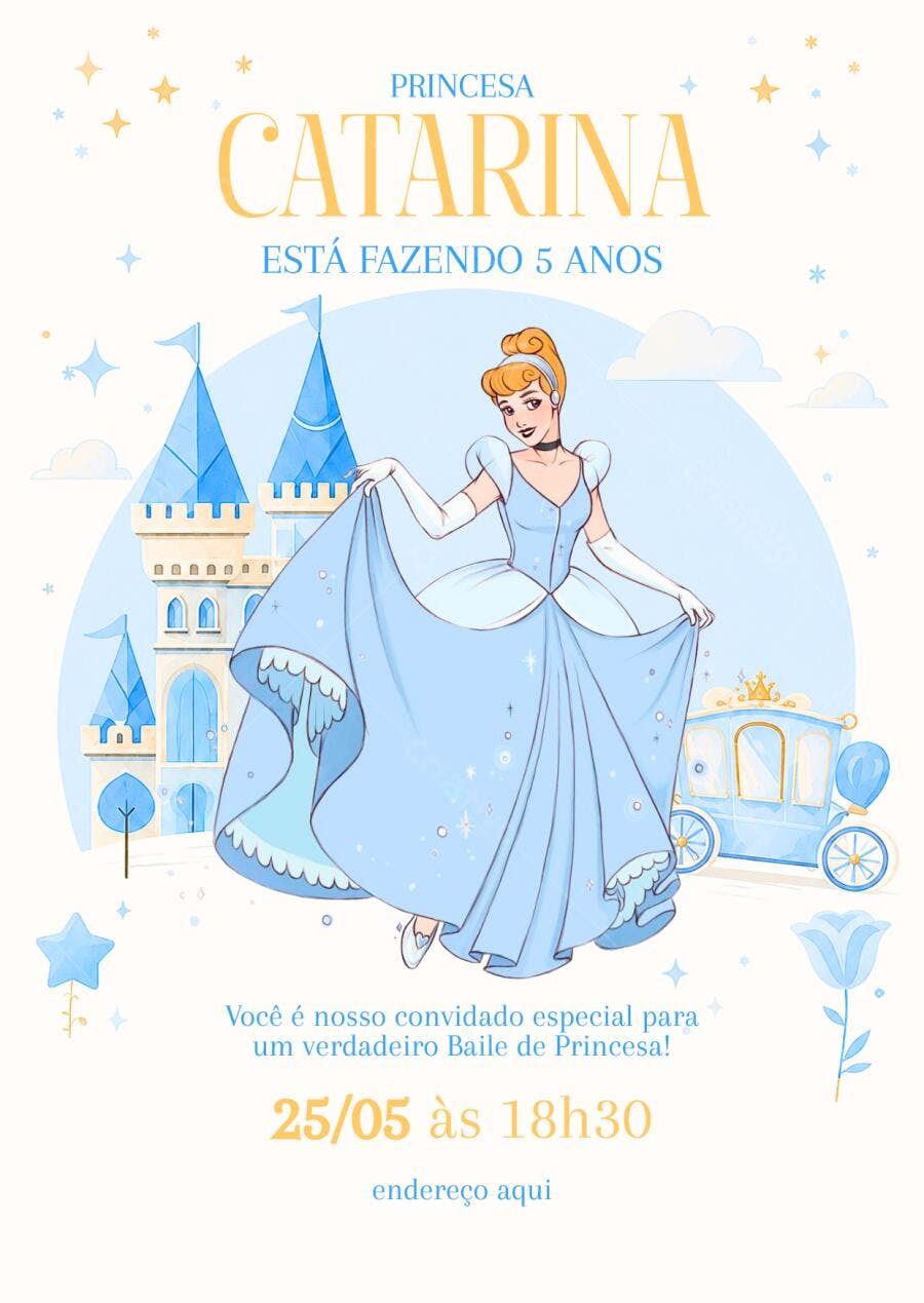 Convite Aniversário Cinderela Princesa 5 Anos Editável