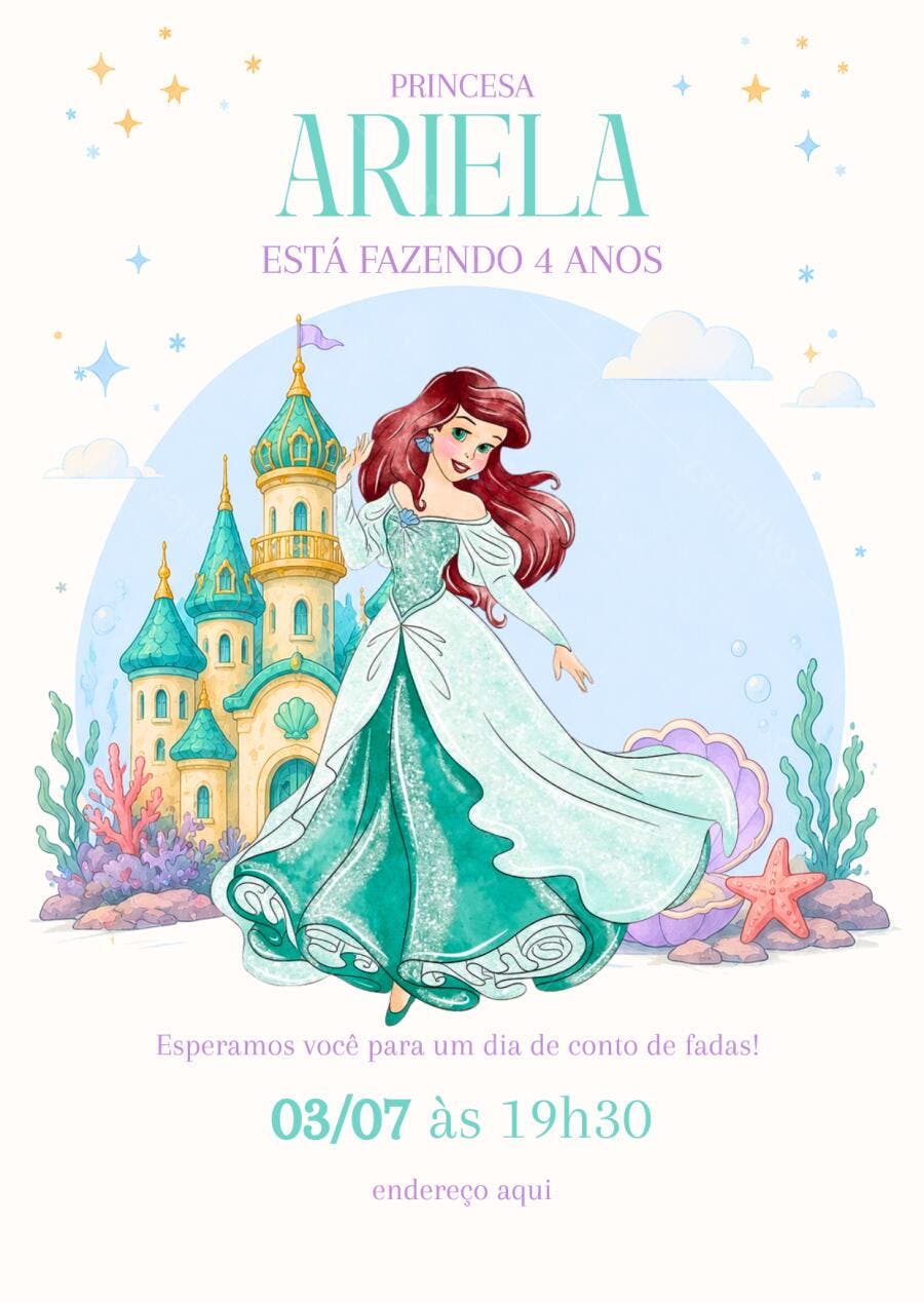 Convite Aniversário Princesa Ariel 4 Anos Editável