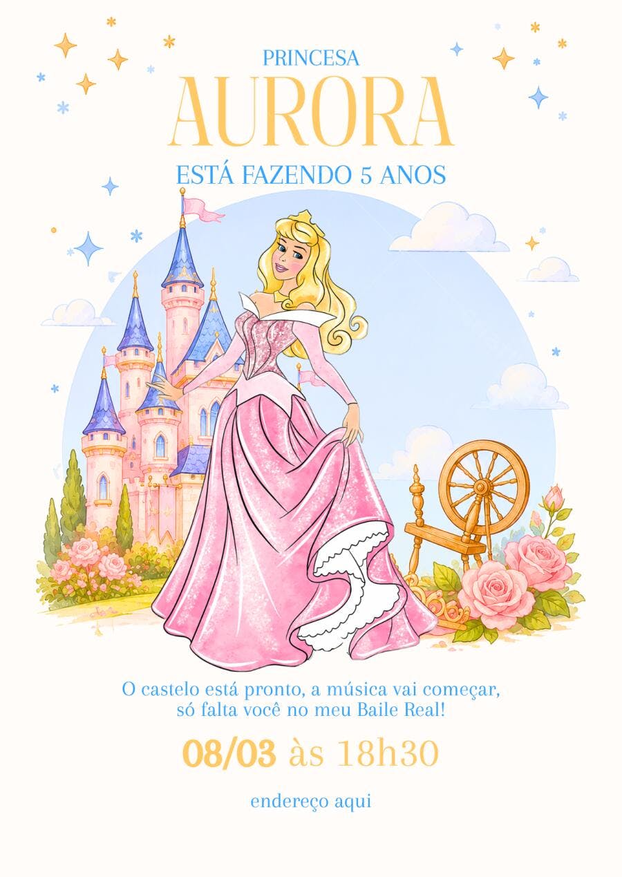 Convite Aniversário Princesa Aurora 5 Anos Editável