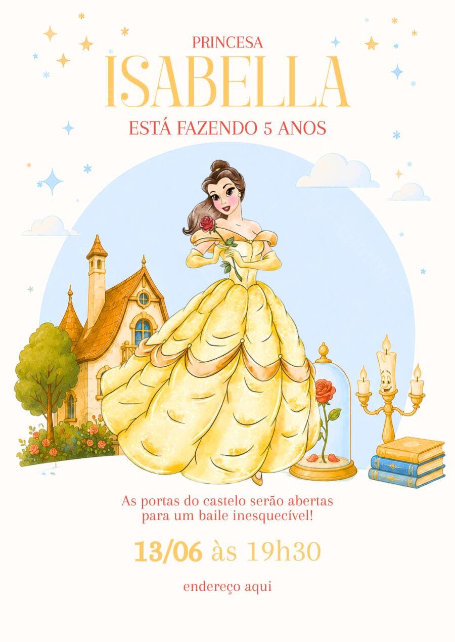Convite Aniversário Princesa Bela Disney 5 Anos Editável