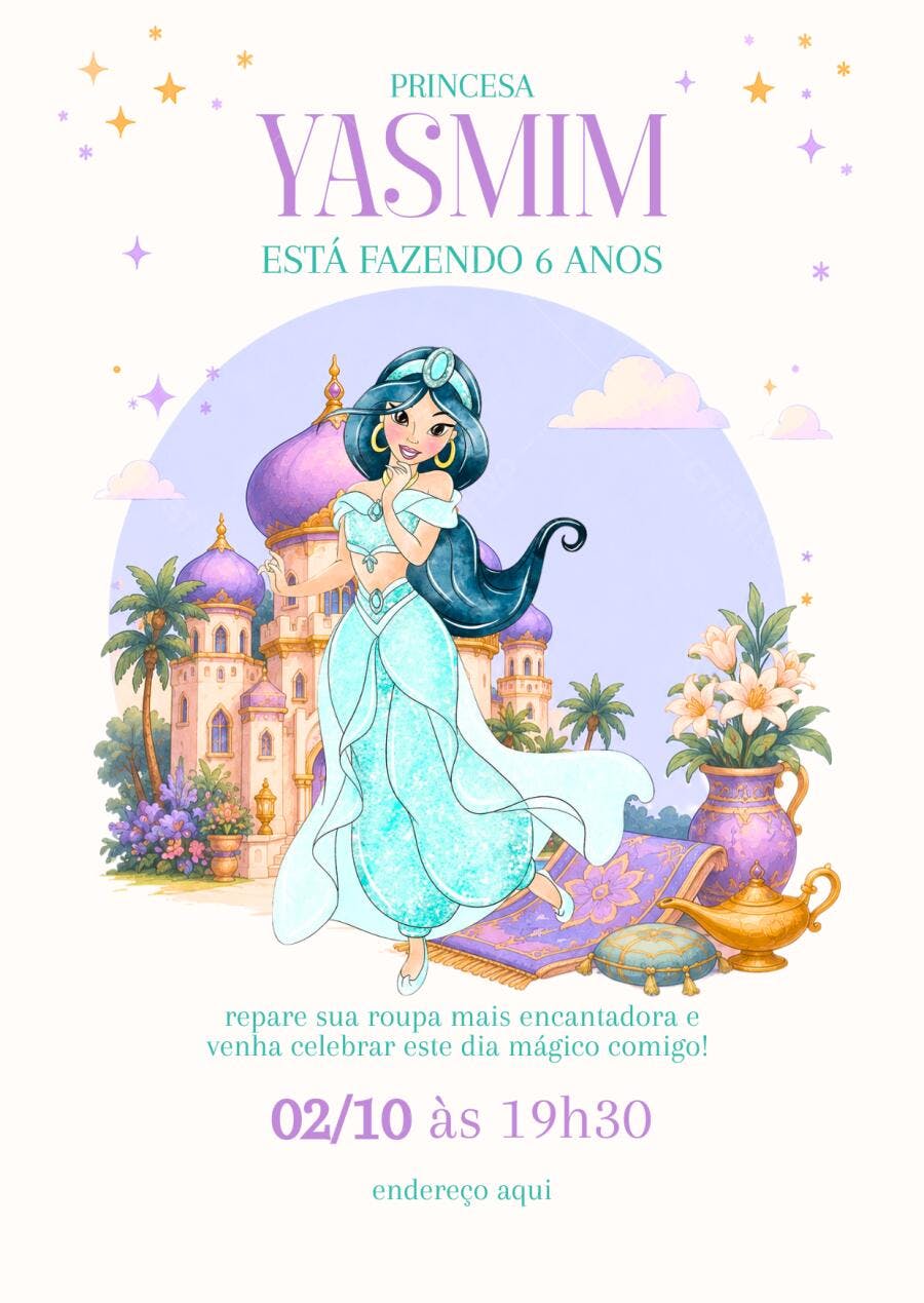 Convite Aniversário Princesa Jasmine 6 Anos Editável