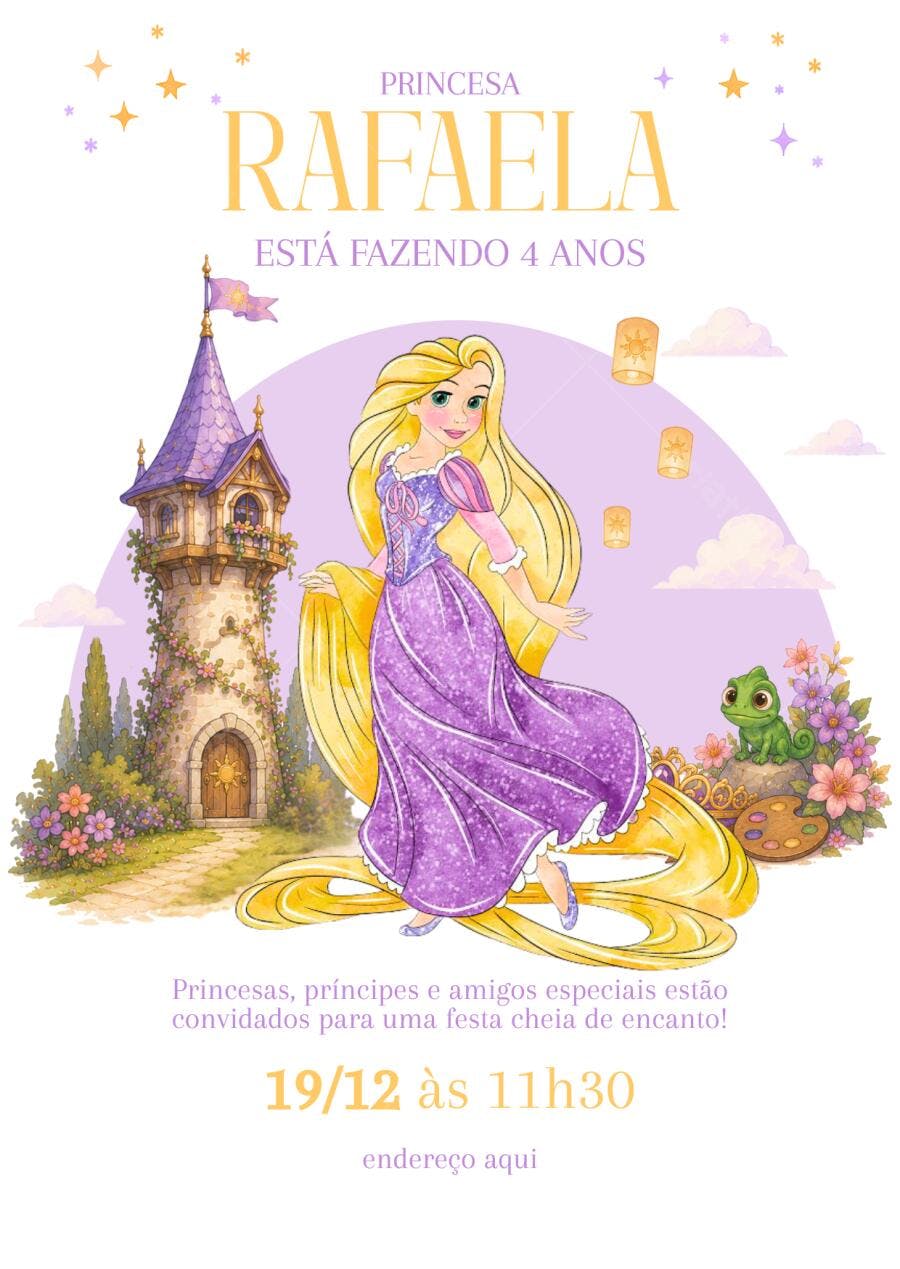 Convite Aniversário Princesa Rapunzel 4 Anos Editável