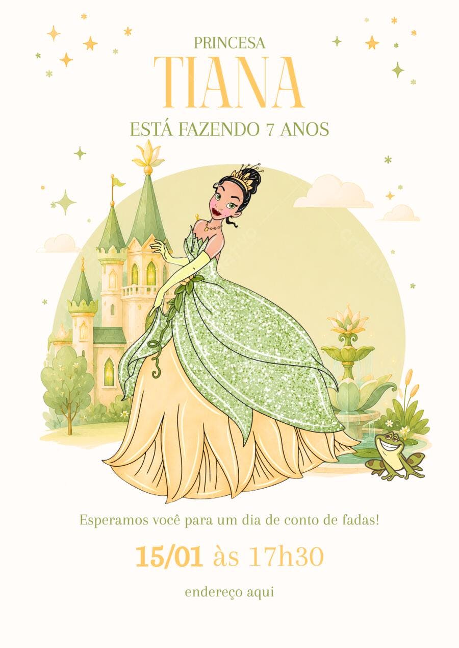 Convite Aniversário Princesa Tiana 7 Anos Editável