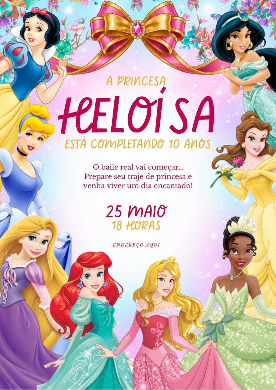 Convite Aniversário Princesas Disney 10 Anos Editável