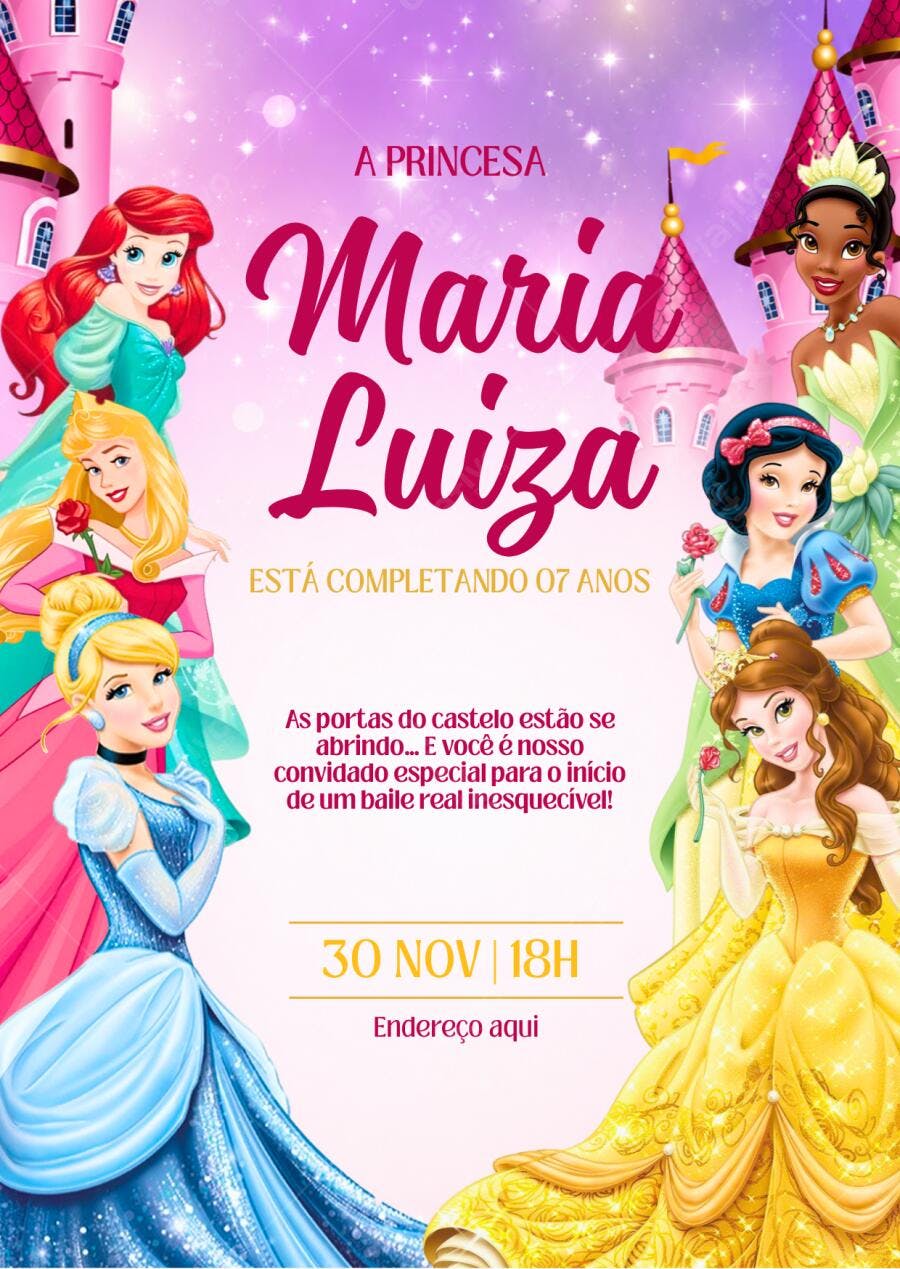 Convite Aniversário Princesas Disney 7 Anos Editável