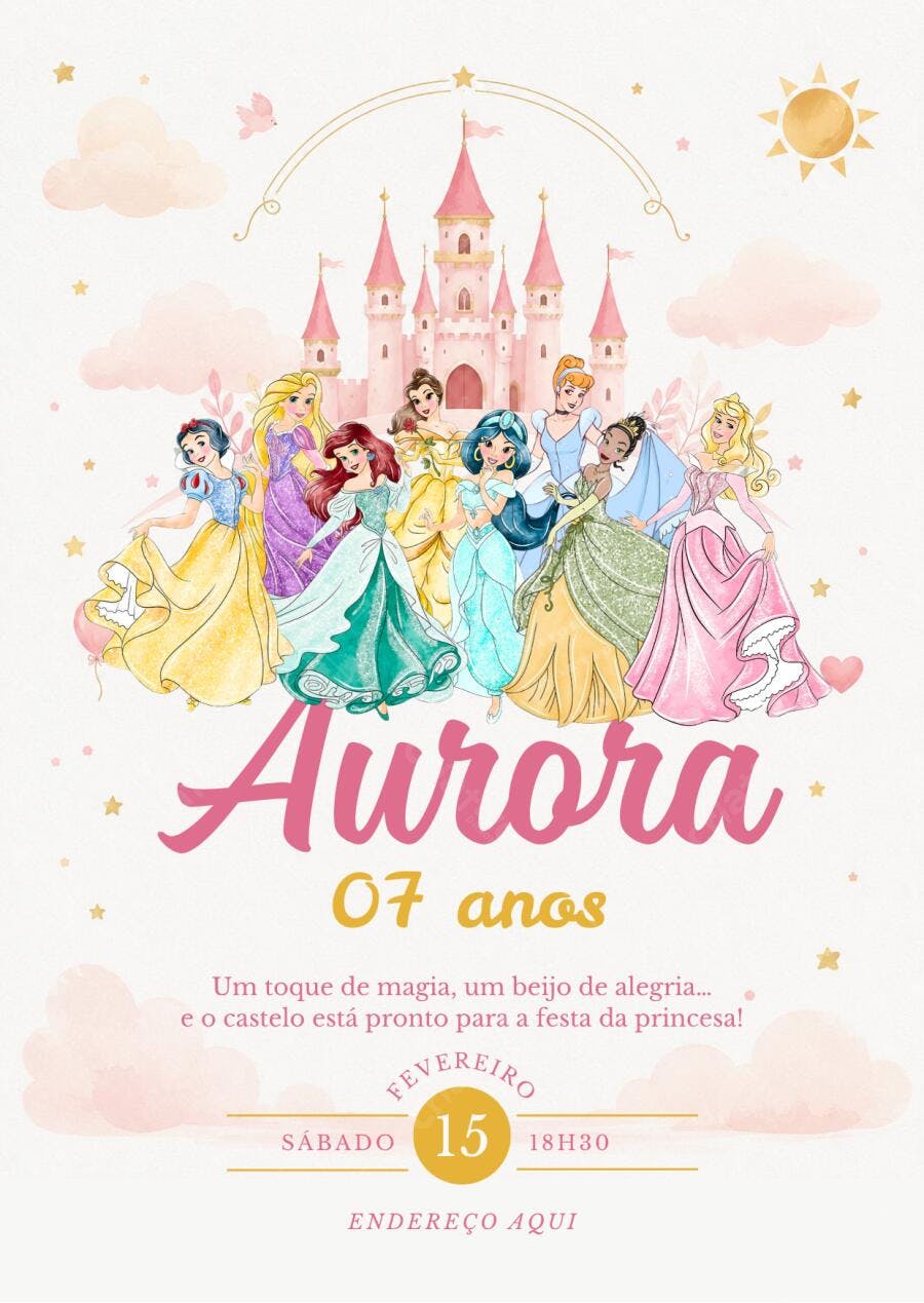 Convite Aniversário Princesas Disney Castelo 7 Anos Editável