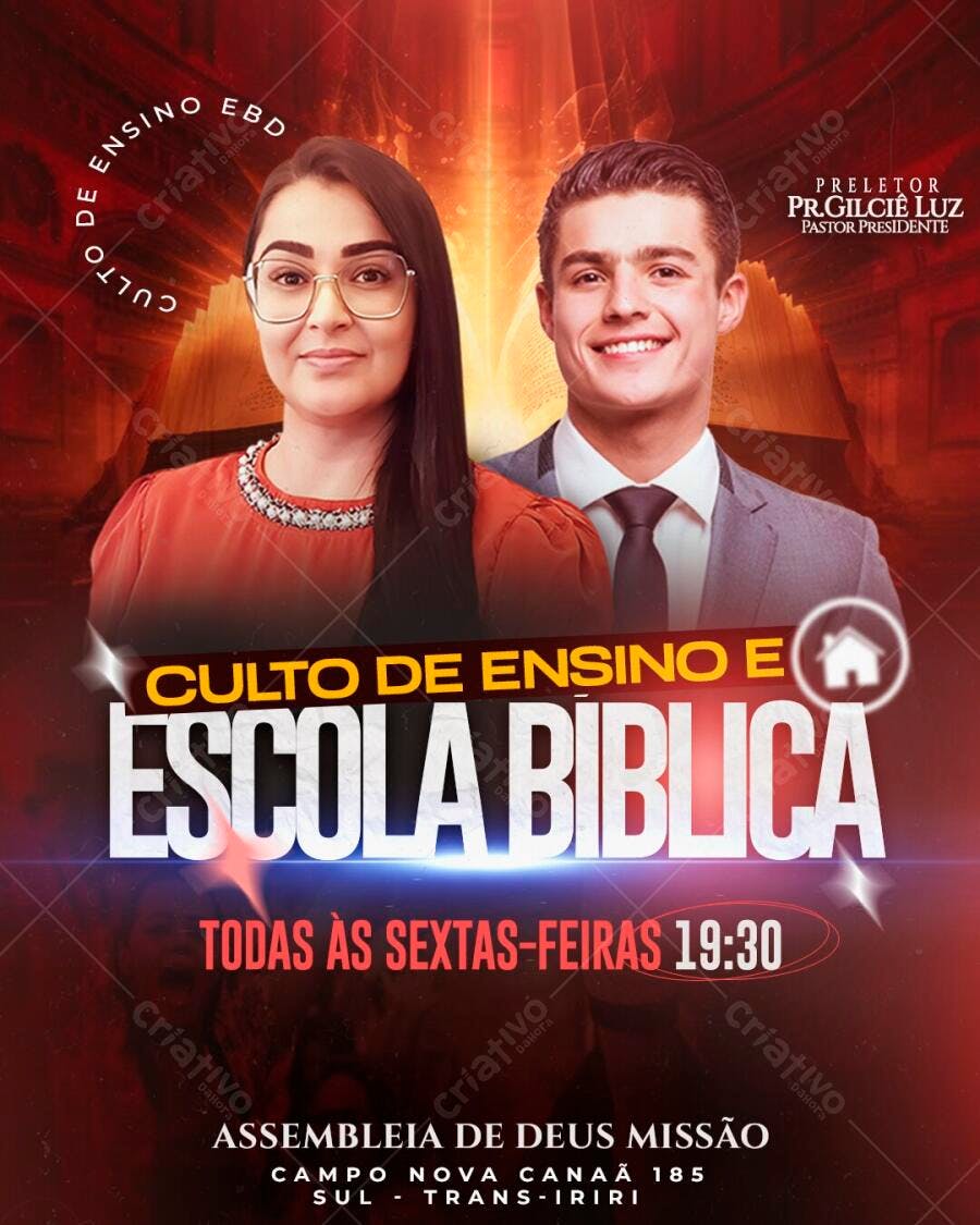 Flyer Culto de Ensino Escola Bíblica Igreja PSD Editável