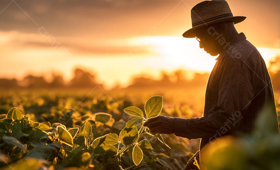 Foto Agricultor Analisando Plantação Soja Pôr do Sol Dourado