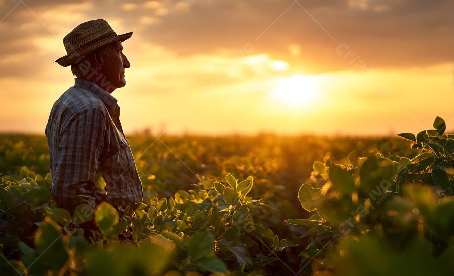 Foto Agricultor Idoso Observando Plantação Pôr do Sol