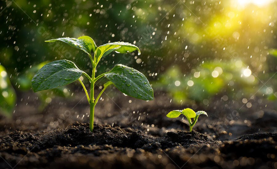 Foto Broto Crescendo Terra Molhada com Gotas de Água Luz Solar