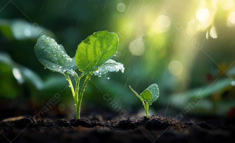 Foto Brotos Verdes Crescendo Terra Chão Chovendo Luz Solar
