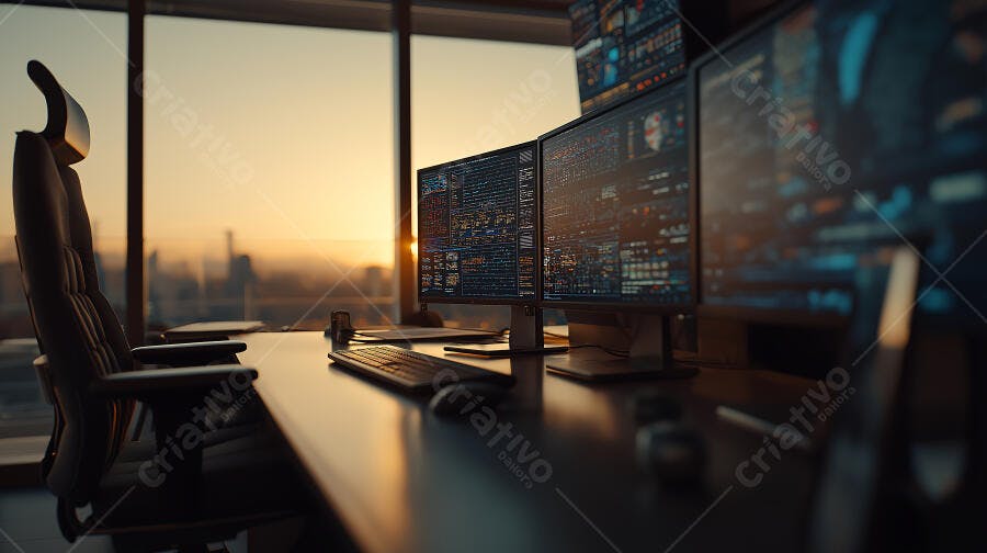 Foto Escritório Moderno Vazio Computadores Múltiplos Monitores Pôr do Sol