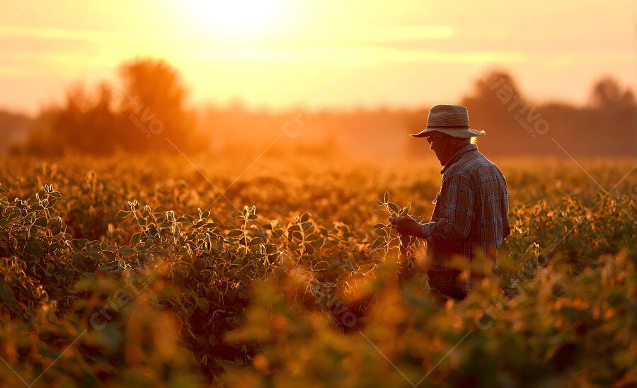 Foto Fazendeiro Trabalhando Campo Plantação Pôr do Sol Dourado