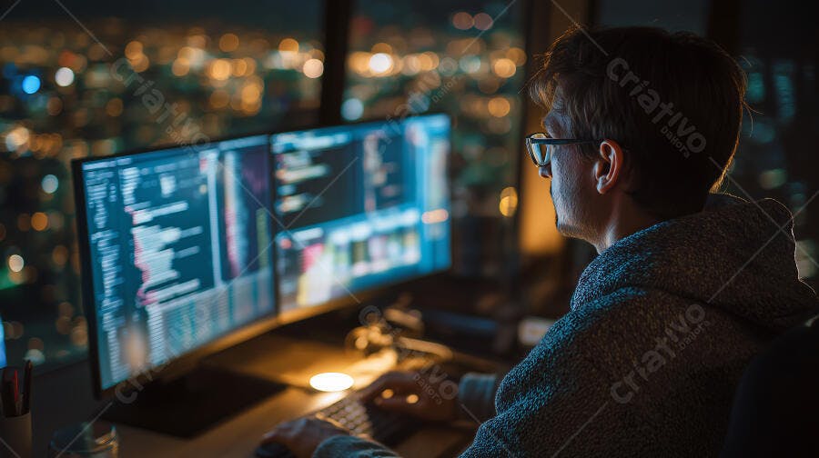 Foto Homem Programando Computador Noturno Escritório Urbano