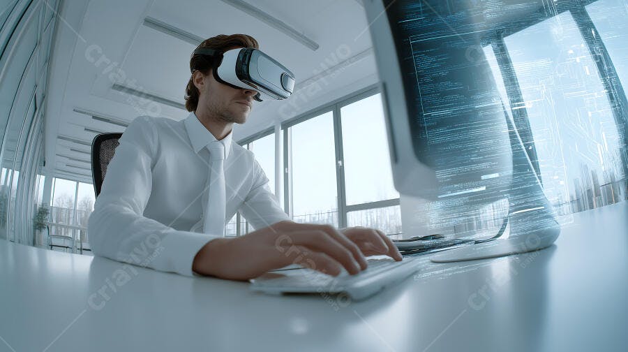 Foto Homem Trabalhando Óculos Realidade Virtual Escritório Moderno