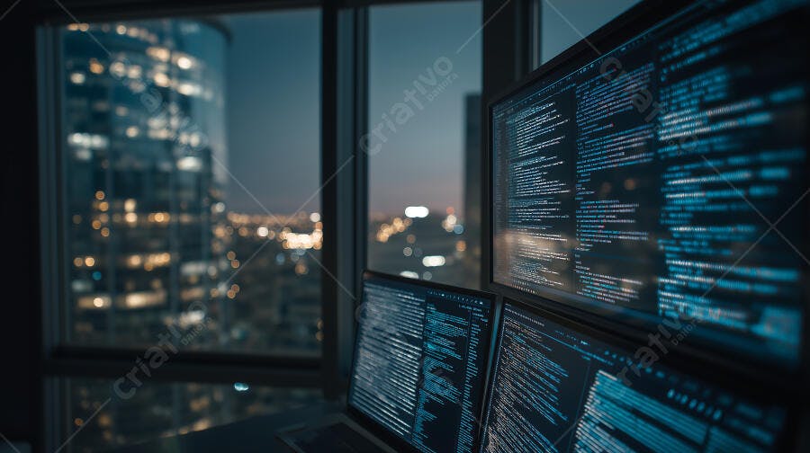 Foto Monitores de Código Programação Noturna Escritório Moderno