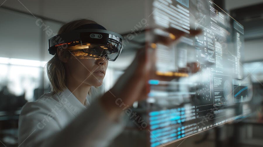 Foto Mulher Usando Óculos Realidade Aumentada Interagindo Interface Virtual