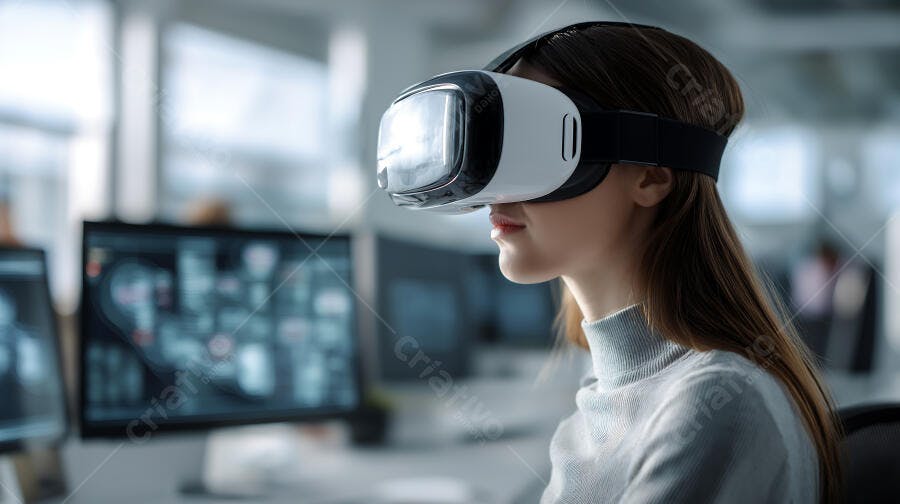 Foto Mulher Usando Óculos Realidade Virtual Escritório Tecnologia