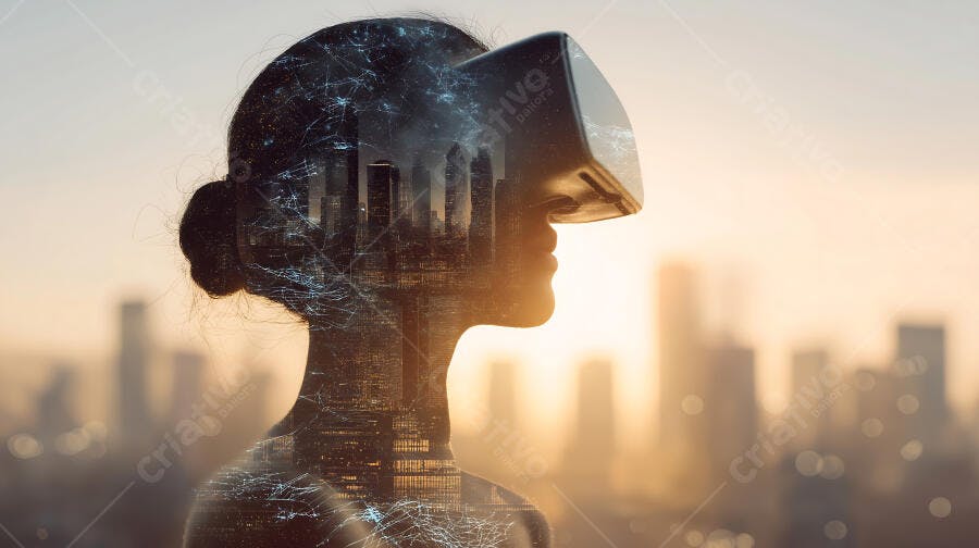 Foto Mulher Usando Óculos VR Realidade Virtual Cidade Futuro