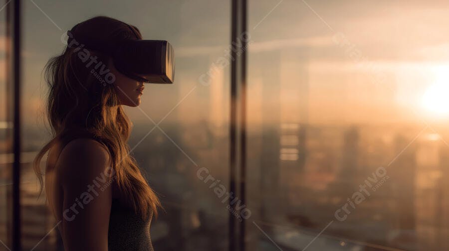 Foto Mulher Usando Óculos VR Realidade Virtual Pôr do Sol