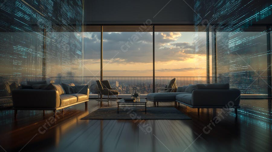 Foto Sala de Estar Luxuosa Vista Panorâmica Cidade Tecnologia