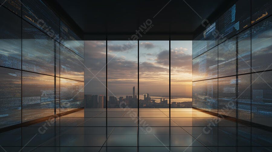 Foto Sala Vazia Janelas Grandes Vista Cidade Pôr do Sol