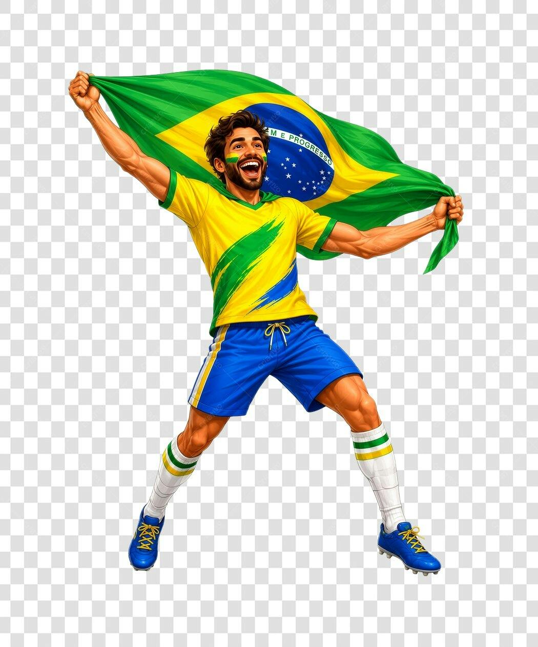 Ilustração Torcedor Brasileiro Bandeira Amarela Verde Azul PNG Fundo Transparente
