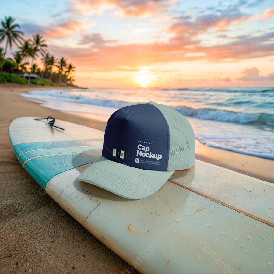 Mockup Boné Trucker Surf Praia Pôr do Sol Editável