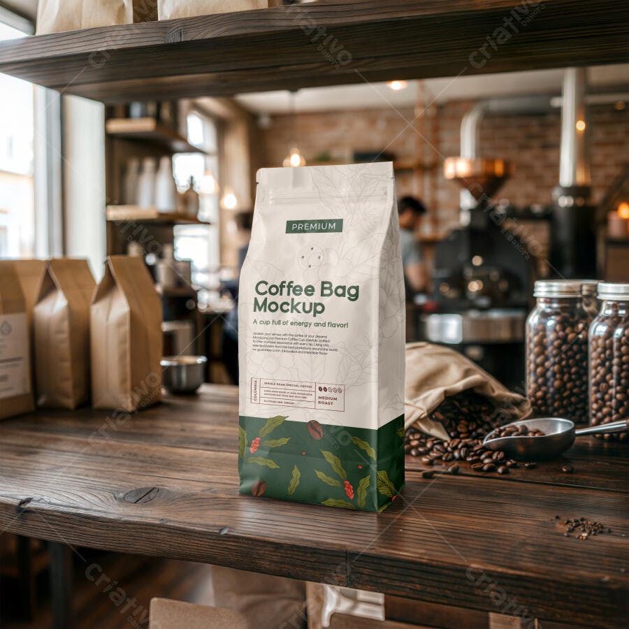 Mockup Embalagem Café Saco Papel Vertical Mesa Madeira Editável
