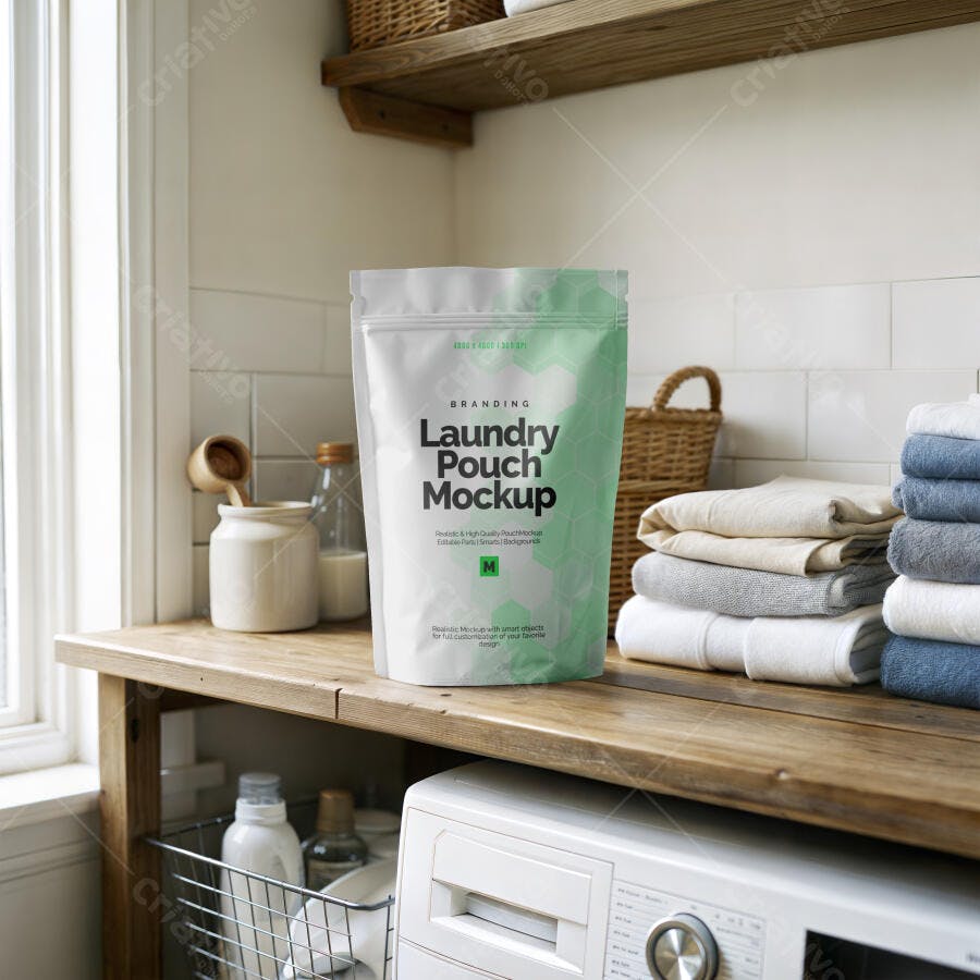 Mockup Embalagem Pouch Detergente Roupa Lavanderia Editável