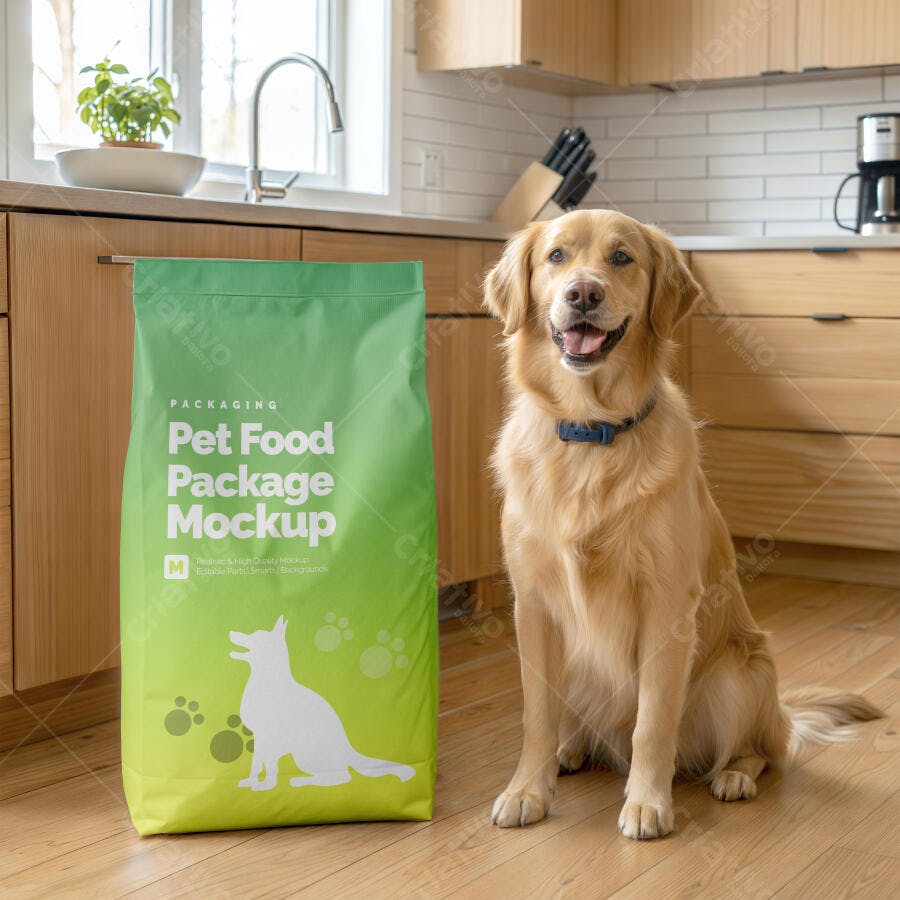 Mockup Embalagem Ração Pet Cachorro Cozinha Editável