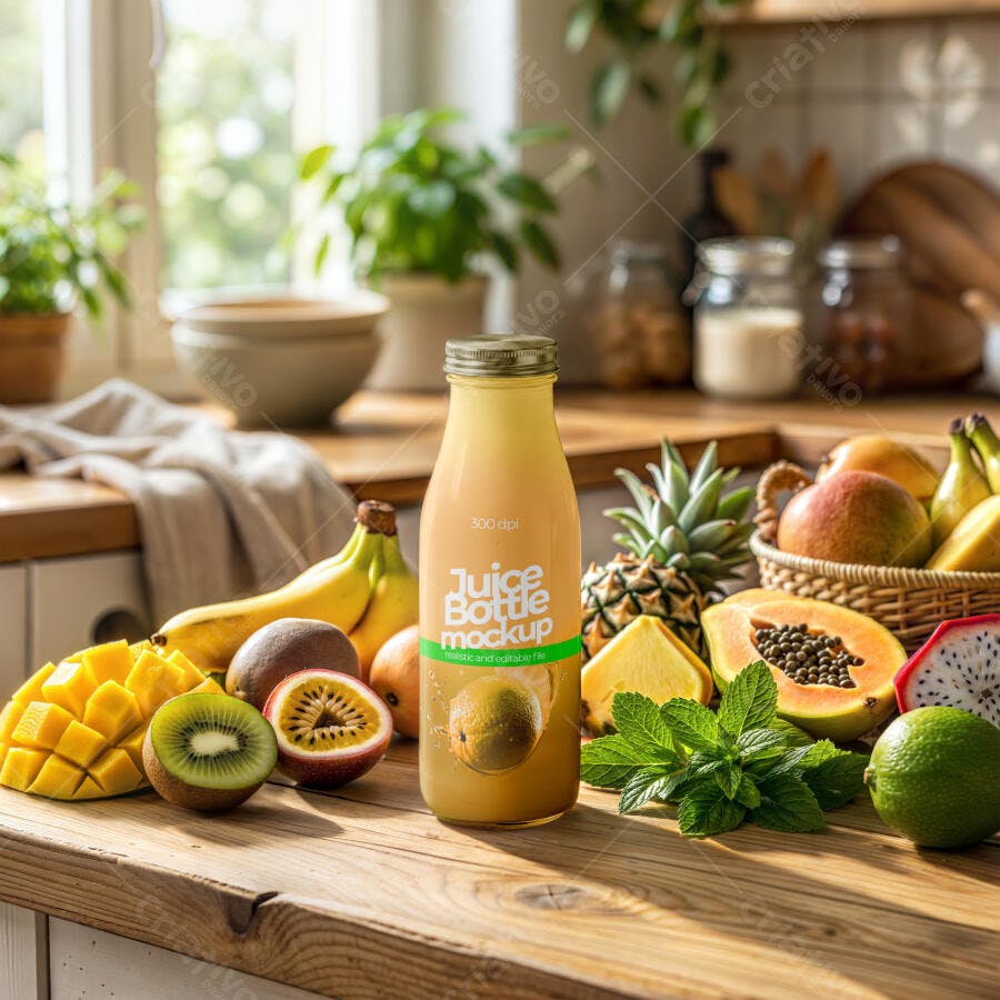 Mockup Garrafa Suco Vidro Cozinha Frutas Editável